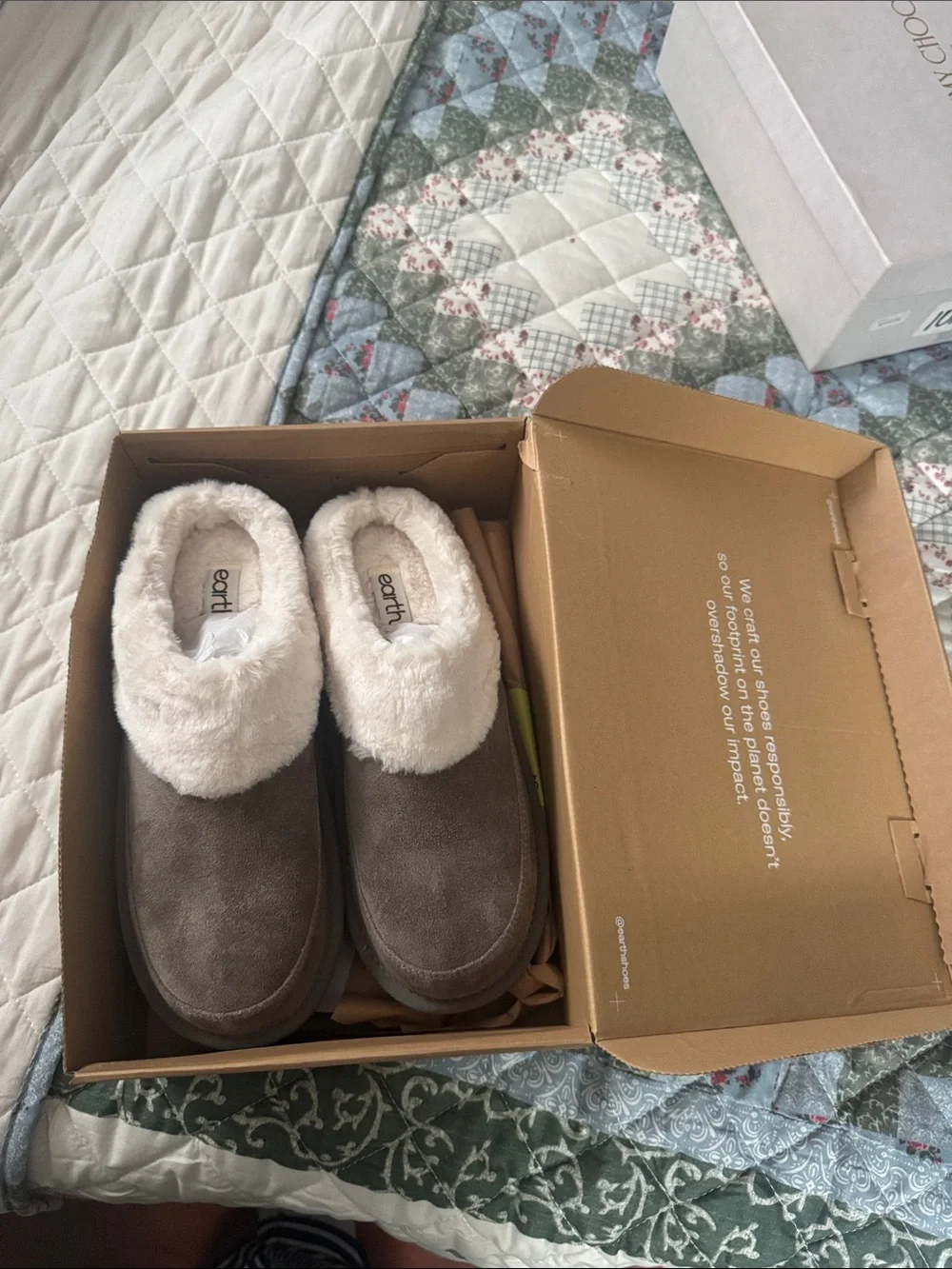 Earth Taupe Suede Slip-Ons with Cream Faux-Fur Collar